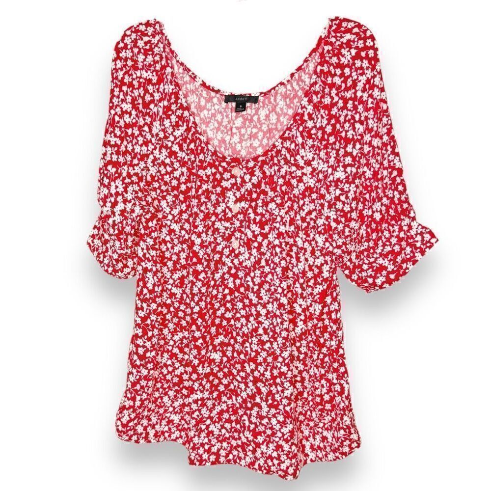 J. Crew Re-Imagined Scoop Neck Top Tossed Bouquet Red Floral Print Women’s Siz S
